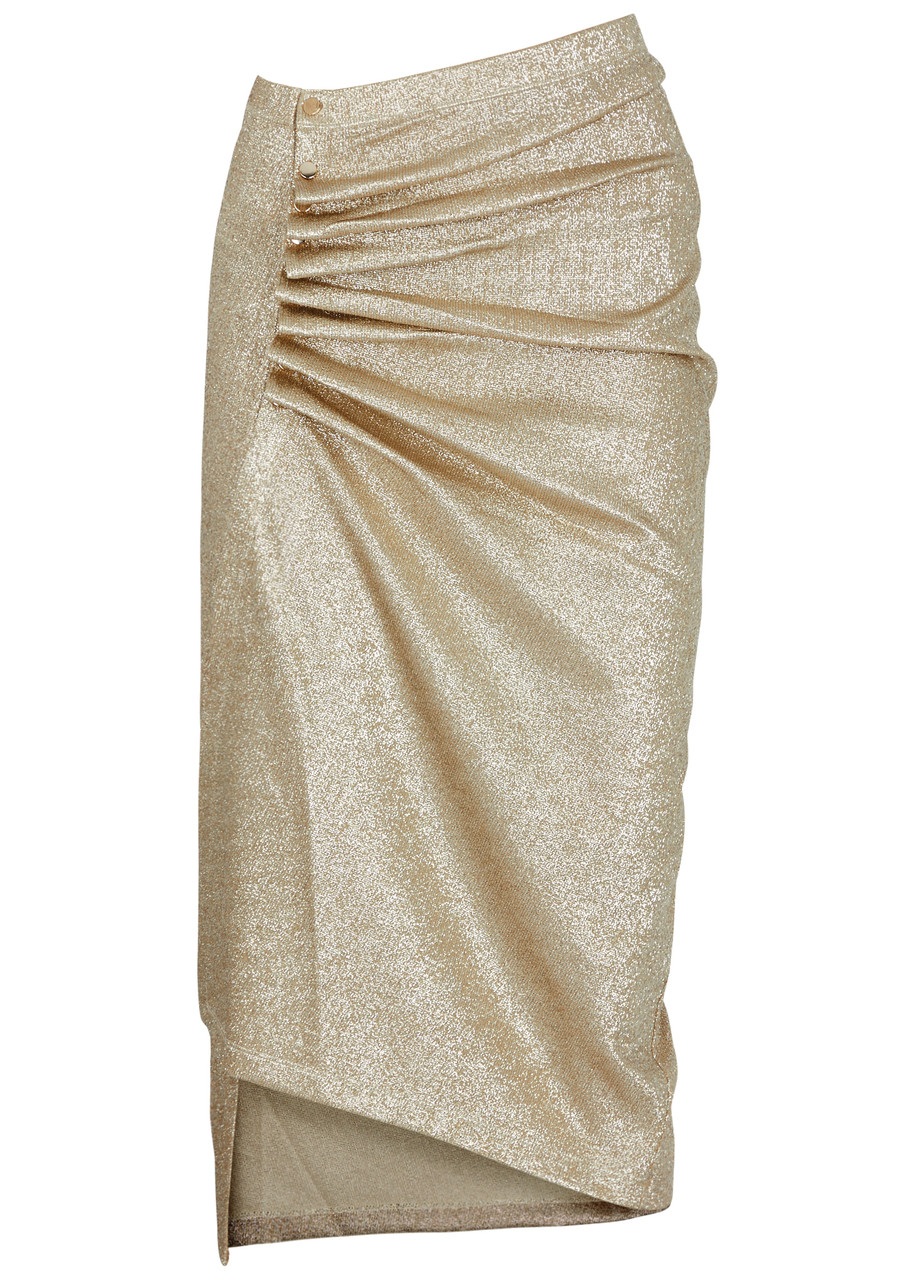 Rabanne Ruched Metallic-knitted Midi Skirt - Gold