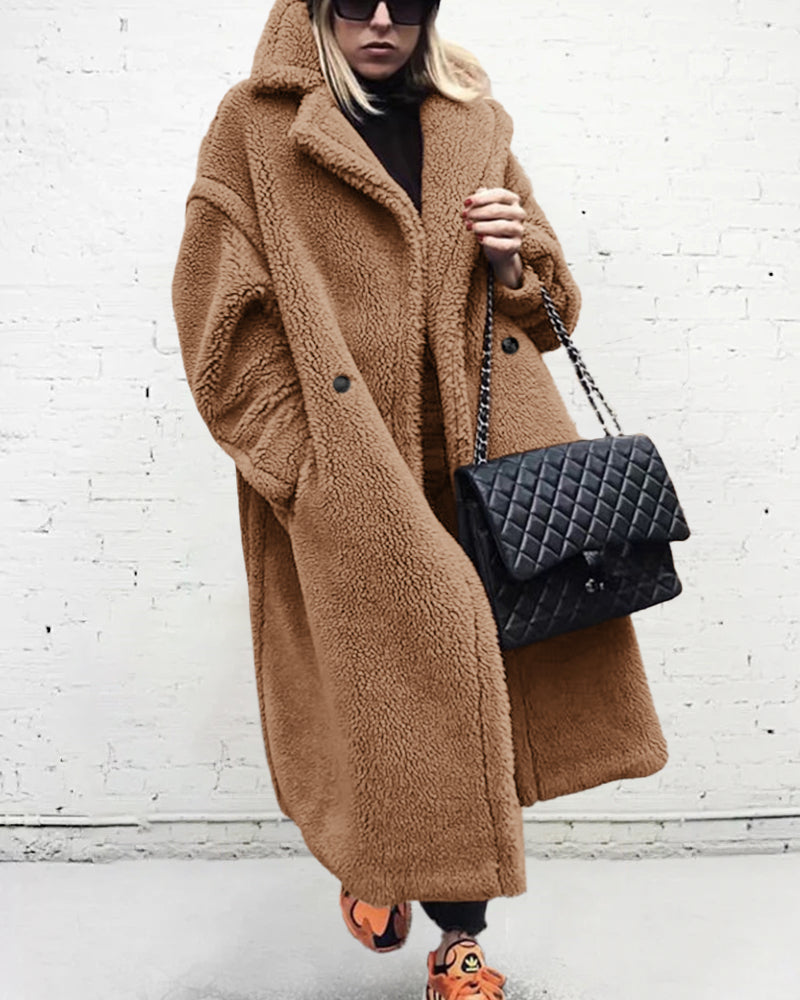 Loose Lamb-wool Coat Teddy Fur Lapel Mid-length Plush Coat - Camel
