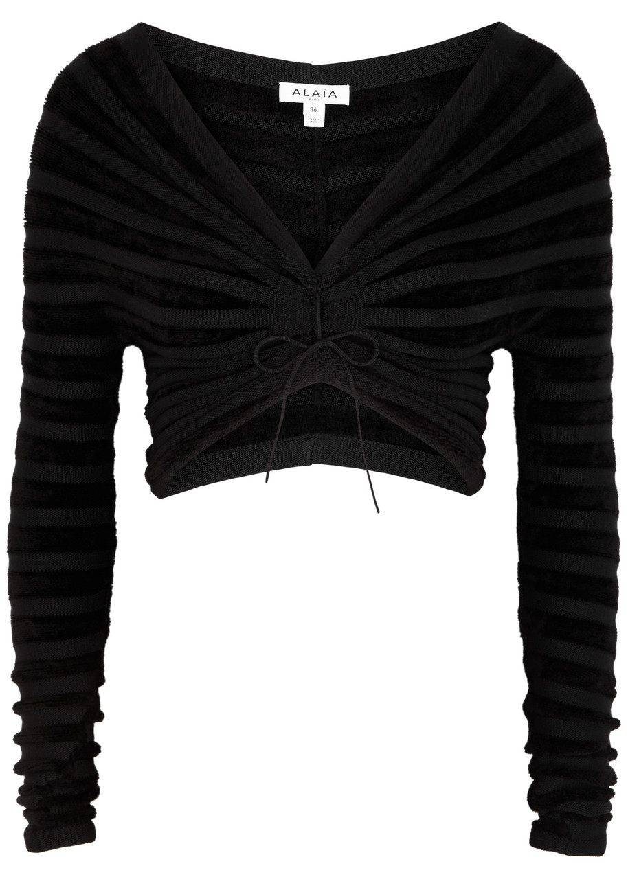 Alaa Off-the-shoulder Cropped Ribbed-knit top - Black