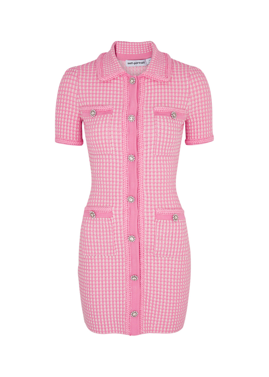 Self-portrait Checked Knitted Mini Dress - Pink
