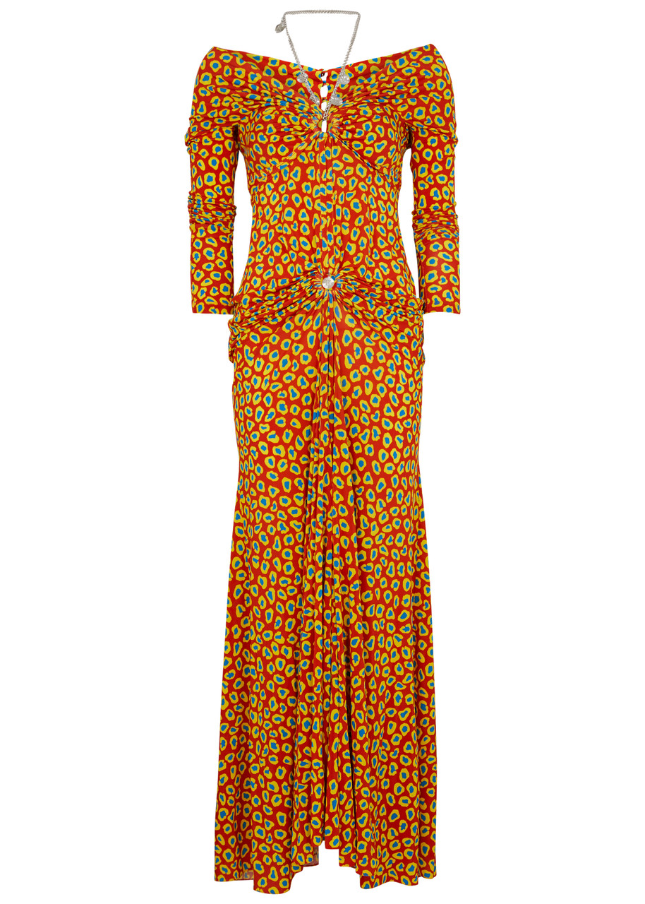 Rabanne Halterneck Printed Stretch-jersey Maxi Dress - Red