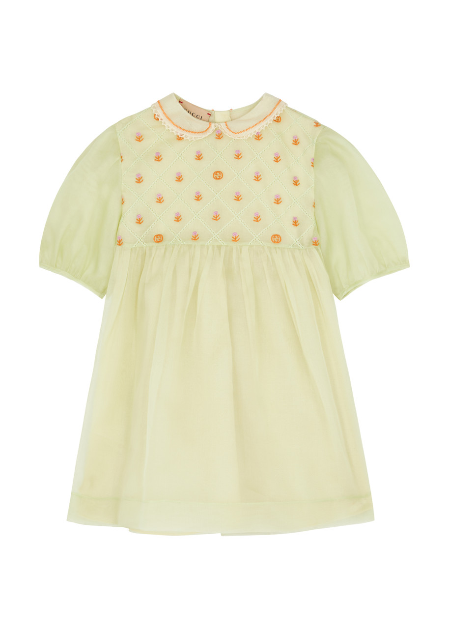 Gucci Kids Floral-embroidered Silk-organza Dress - Green - Months