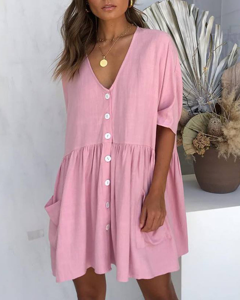 Half Sleeve Summer Shirt Dress V Neck Button Down Casual Loose Flowy Swing Mini Dress with Pockets - Pink
