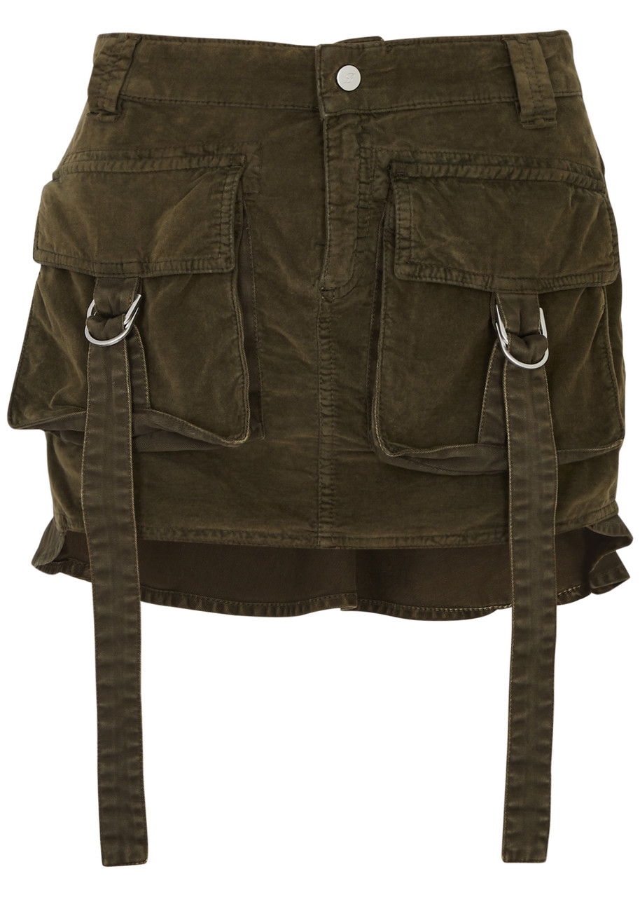 Blumarine Ruffled Denim and Velvet Mini Skirt - Olive