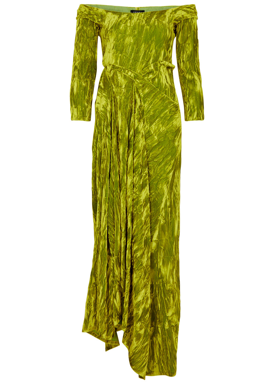 A.W.A.K.E Mode Off-the-shoulder Crushed Velvet Maxi Dress - Lime - M
