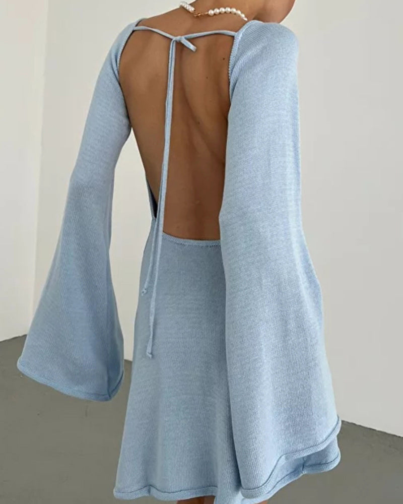 Zeagoo Elegant Backless Lace-up Bell Sleeve Mini Dress for Women Casual Going Out Summer - Blue M