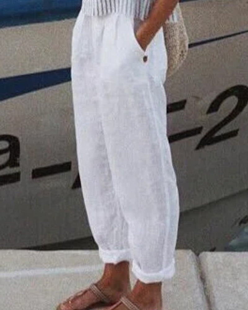 Zeagoo Casual Baggy Elastic Waist Trouser Wide Leg Pant With Pocket - White