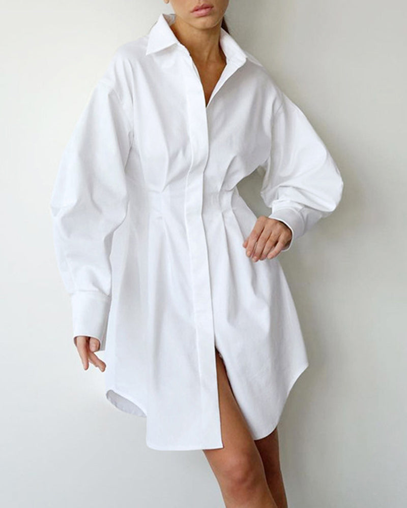 Long Sleeve Tunic Dress High Waist Lapel Short Dress Button Down Pleated Dress - White M