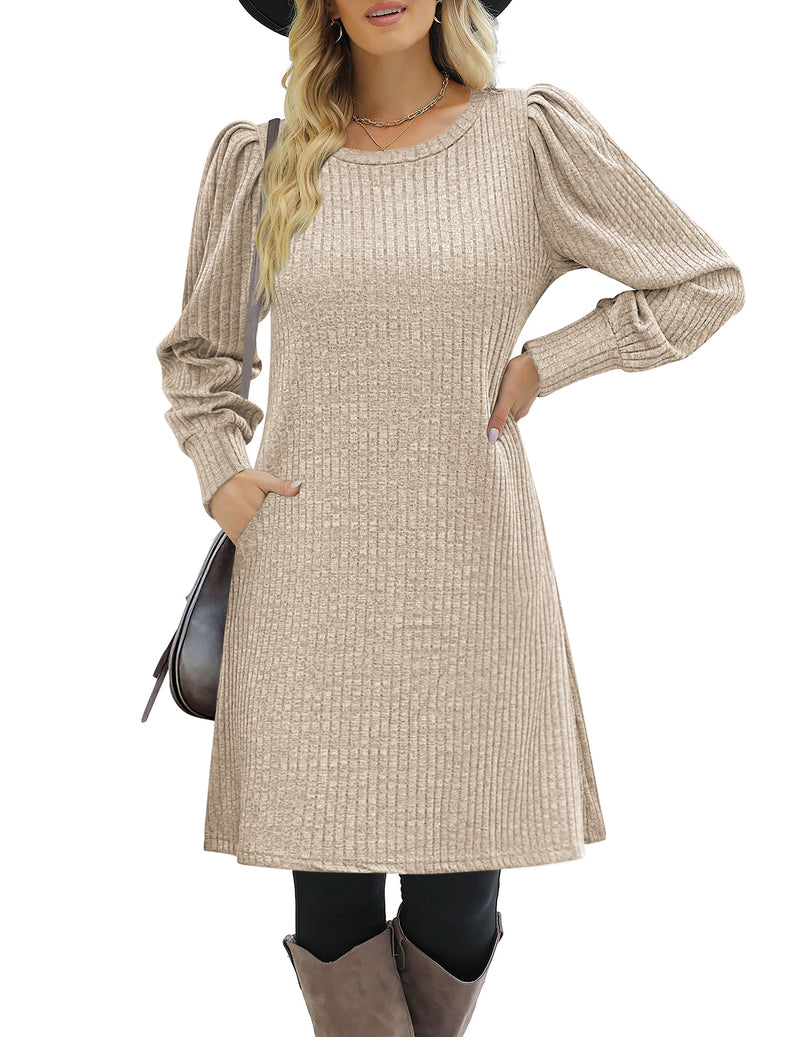 Zeagoo Women Knit Dress Puff Long Sleeve Dress - Khaki