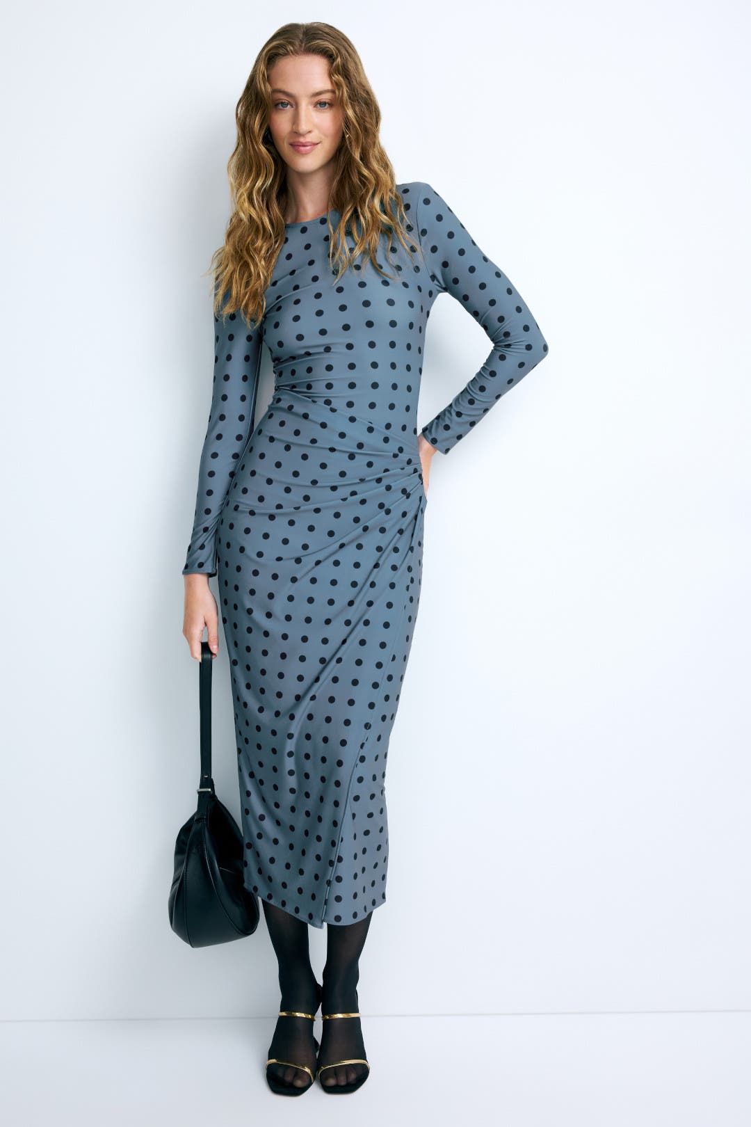 Arias NEW York Polka Dot Draped Pencil Dress Grey-black-print