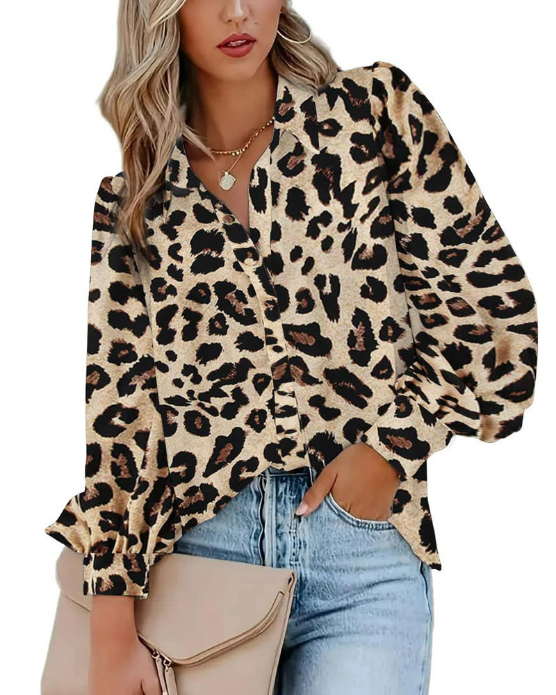 Zeagoo Printed Lantern Long Sleeve Blouse - B Leopard S