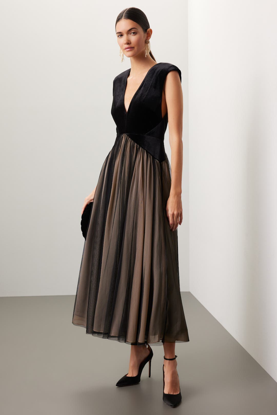 Badgley Mischka Drop Waist Velvet Dress Black-grey-print