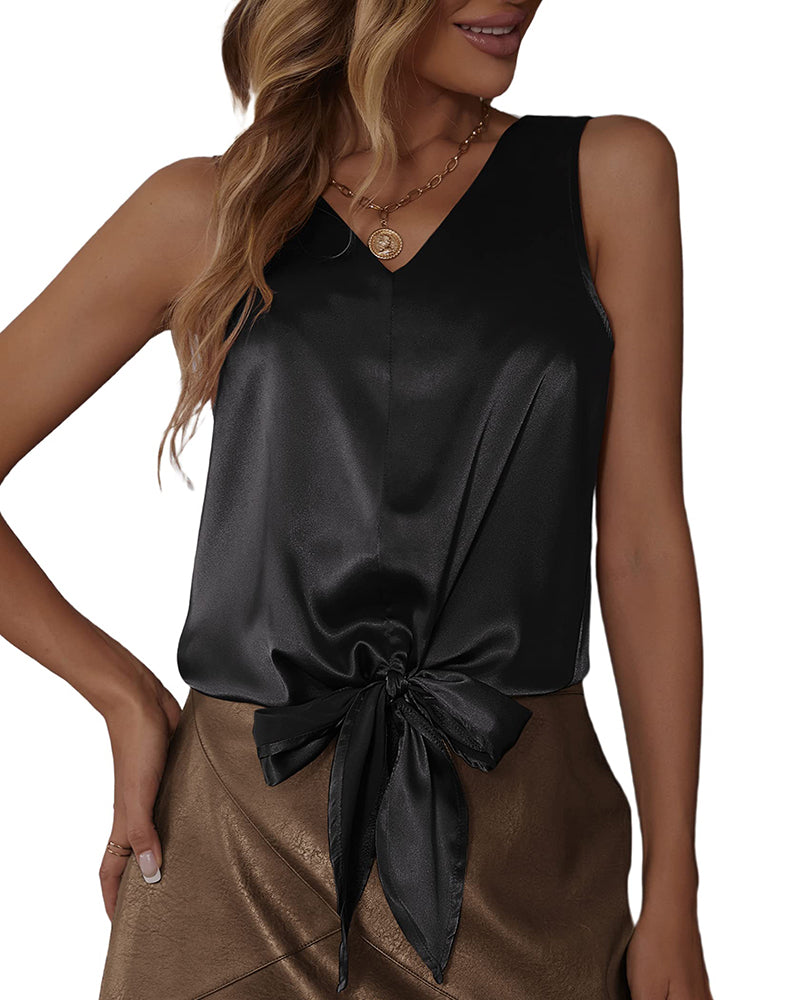 Womens Silk Satin Front Tie Tank Tops V Neck Camisole Fashion Sleeveless Causal Cami Shirt S-X - Zeagoo- Black L-