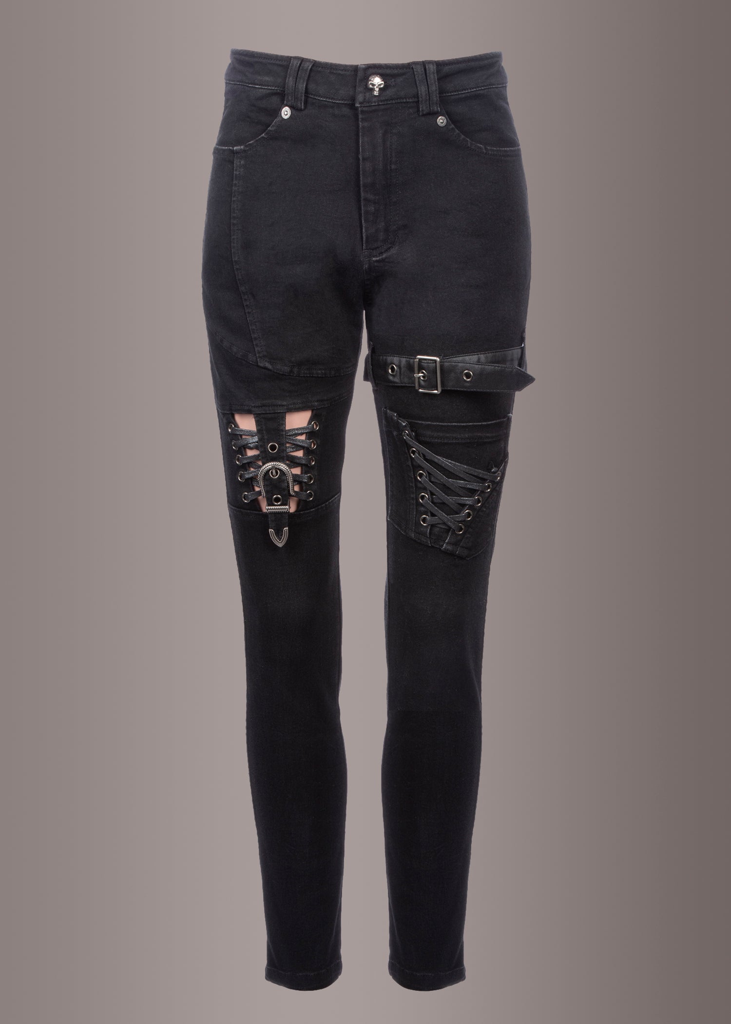 Black Lace Up Skinny Jeans with Buckles - Gothic Denim Pants for Women