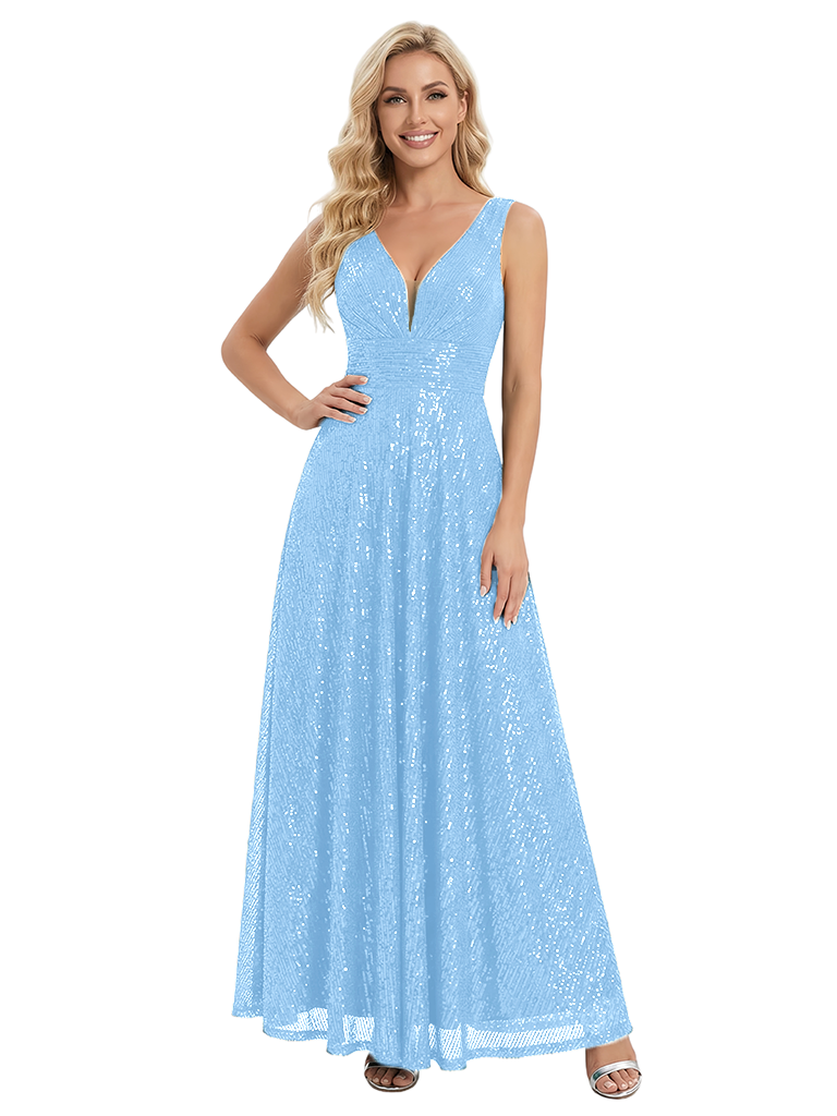 ChicSew Sparkly Sequins V-neck A-line Long Party Prom Dress