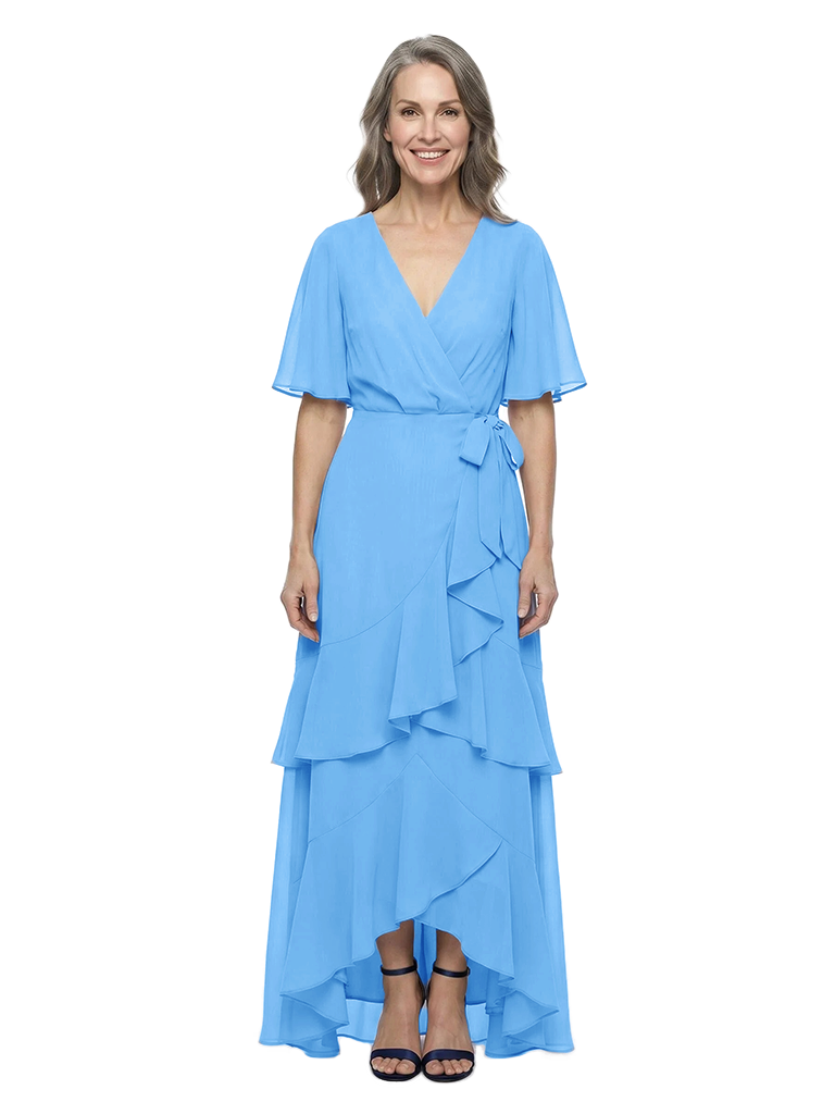 ChicSew V-Neck Flutter Sleeve Chiffon High Low Mother of the Bride Dress With Tiered Ruffle