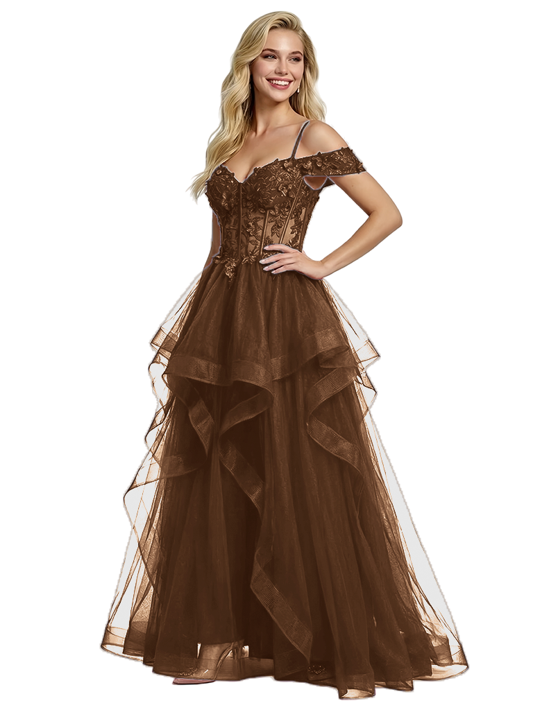 ChicSew Beautiful Lace Corset Cold Shoulder Ruched A-Line Long Prom Dress