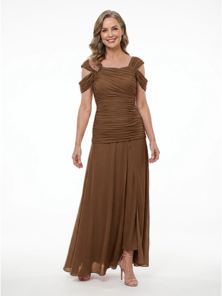ChicSew Cold Shoulder Square Neck Ruched Chiffon Mother of the Bride Dress
