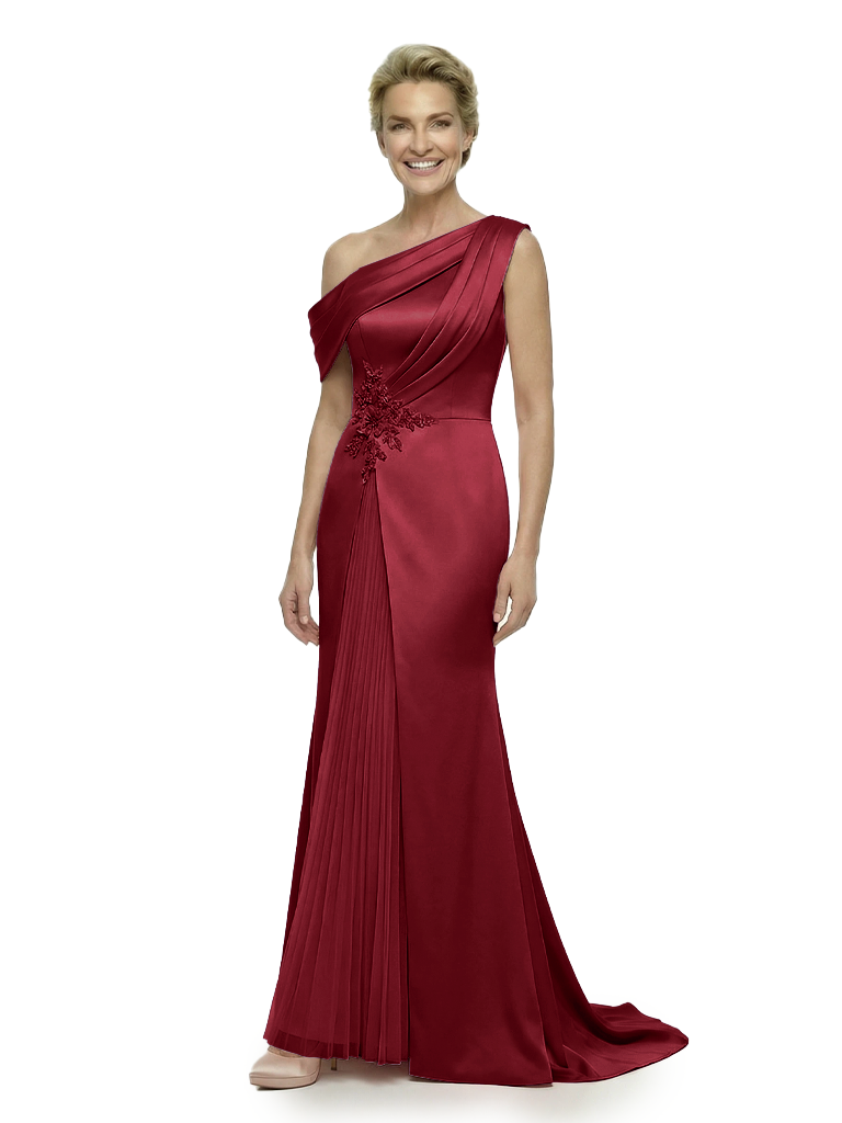 Unique One Shoulder Sleeveless Mother of The Groom Dress Classy Ruched Satin Maxi Gown with Sparkly Embellishments