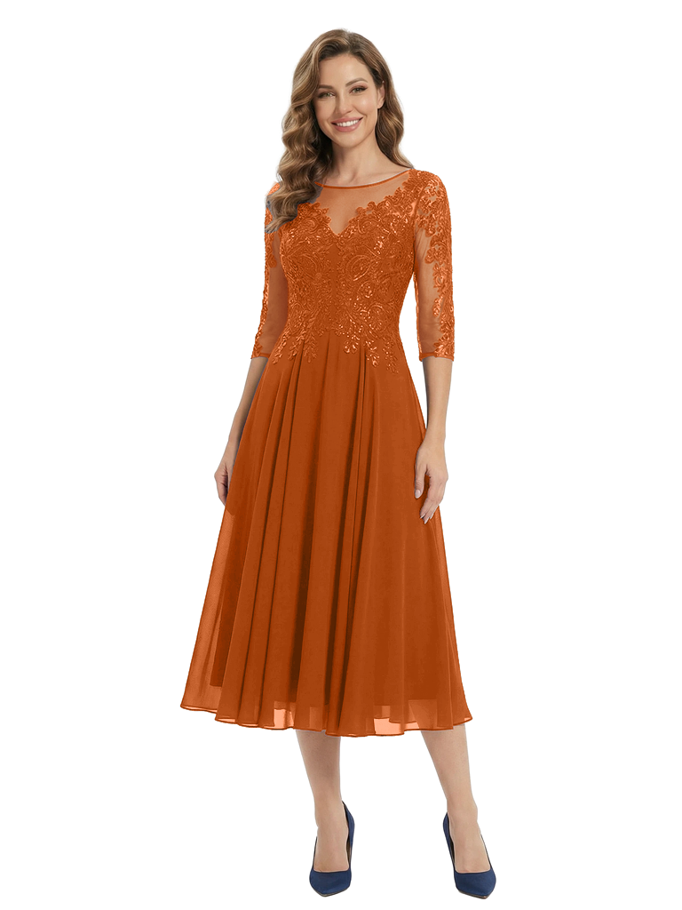 Chicsew Elegant Illusion Sleeve Lace Sequin Mother of The Bride Dress Flowy Midi Chiffon Classy Gown