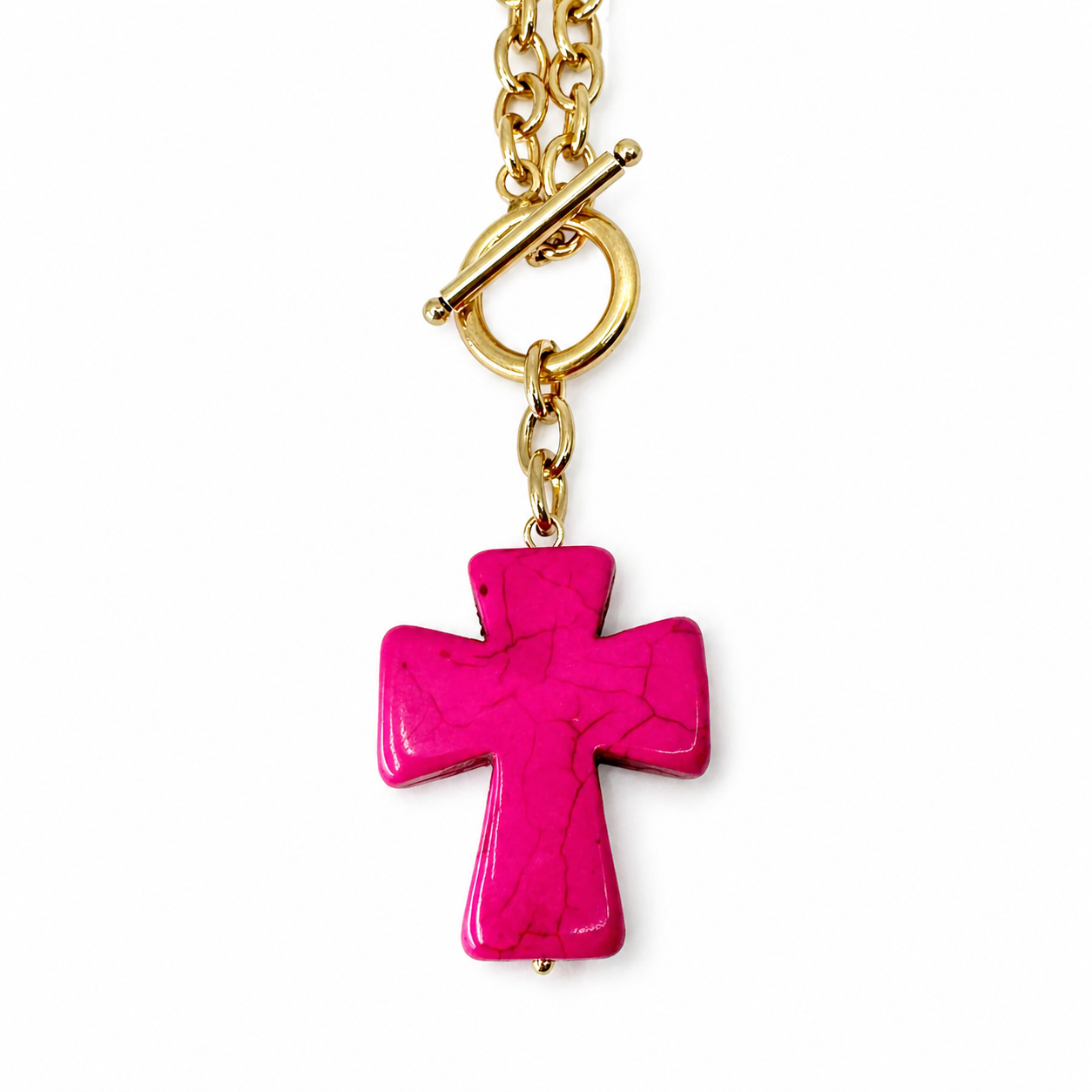 Howlite Cross Choker Necklace - Antique Gold Pink "
