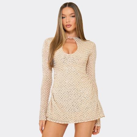 Long Sleeve Keyhole Cut Out Skater Mini Dress In Gold Sequin, Women's Size