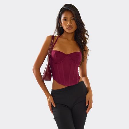 Halterneck Dipped Hem Corset Top In Plum Mesh, Women's Size