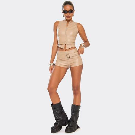 Mid Rise Belted Hot Pant Shorts In Brown Faux Leather, Women's Size