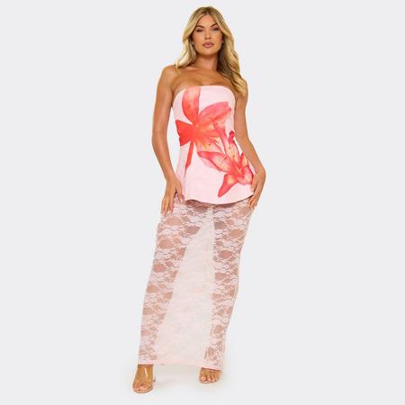 Bandeau Peplum Lace Skirt Detail Maxi Dress In Pink Floral Print, Women's Size