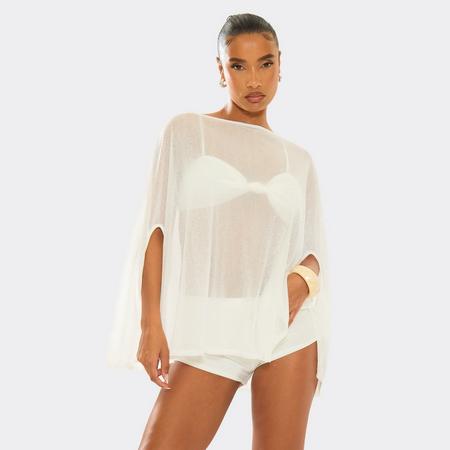 Strappy Bralet With Cape Top And Hot Pant Shorts Co-Ord Set In White, Women's Size