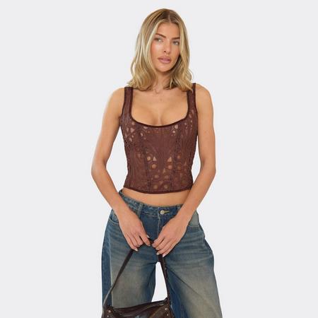 Strappy Stretch Zip Back Detail Corset Top In Chocolate Brown Lace, Women's Size