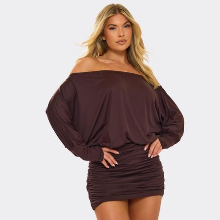 Long Sleeve Off The Shoulder Slouchy Ruched Mini Dress In Brown, Women's Size