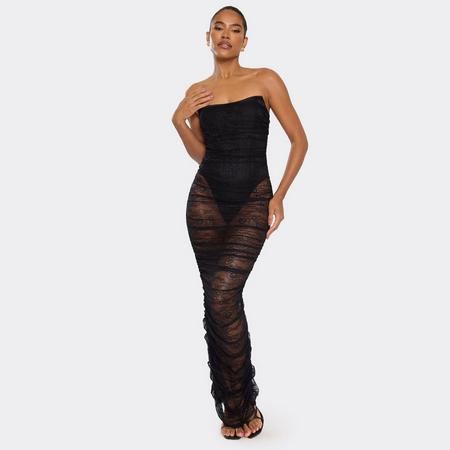 Bandeau Ruched Corset Detail Maxi Dress In Black Lace, Women's Size