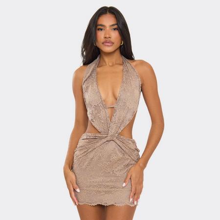 Halterneck Cut Out Detail Open Back Mini Dress In Mocha Lace, Women's Size