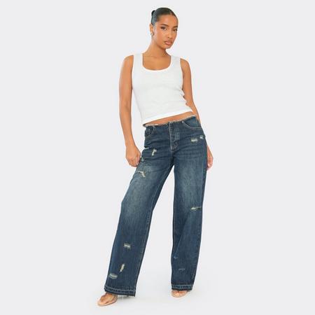 Low Waist Distressed Detail Straight Leg Jeans In Dark Blue Denim, Women's Size