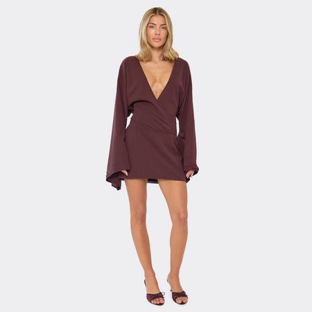 Batwing Plunge Mini Dress In Chocolate Brown Chiffon, Women's Size