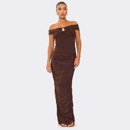 Bardot Ruched Trim Detail Maxi Dress In Chocolate Brown, Women's Size