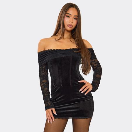 Bardot Fold Over Contrast Lace Corset Detail Mini Dress In Black Velvet, Women's Size