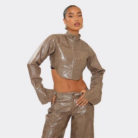 Long Sleeve Fitted Zip Up Cropped Jacket In Brown Faux Leather, Women's Size