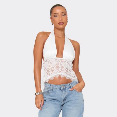 Halter Neck Lace Body Detail Top In White Satin, Women's Size