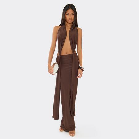 Halterneck Plunge Front Knot Detail Maxi Dress In Chocolate Brown, Women's Size