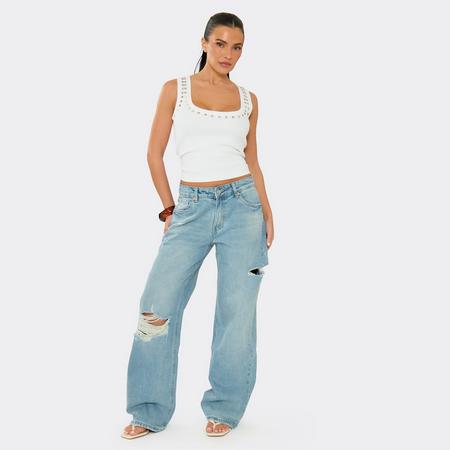 Mid Rise Distressed Ripped Detail Wide Leg Jeans In Blue Denim, Women's Size