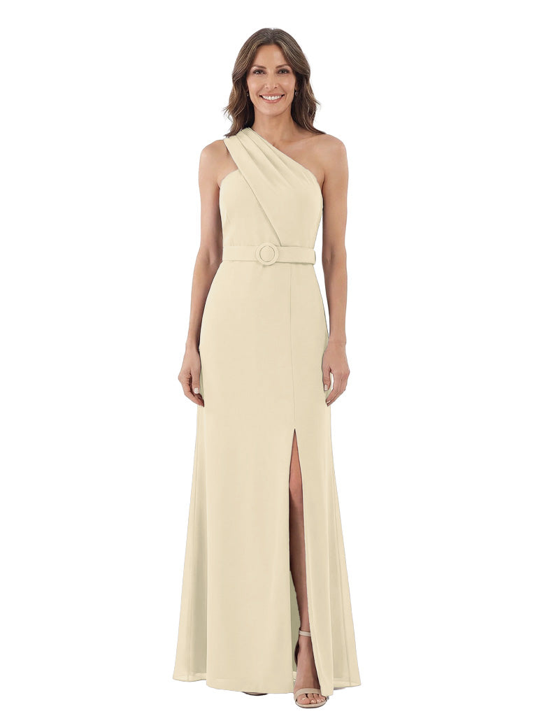 Modern One Shoulder Satin Mother of The Groom Dress Maxi Sheath Gown with Belt