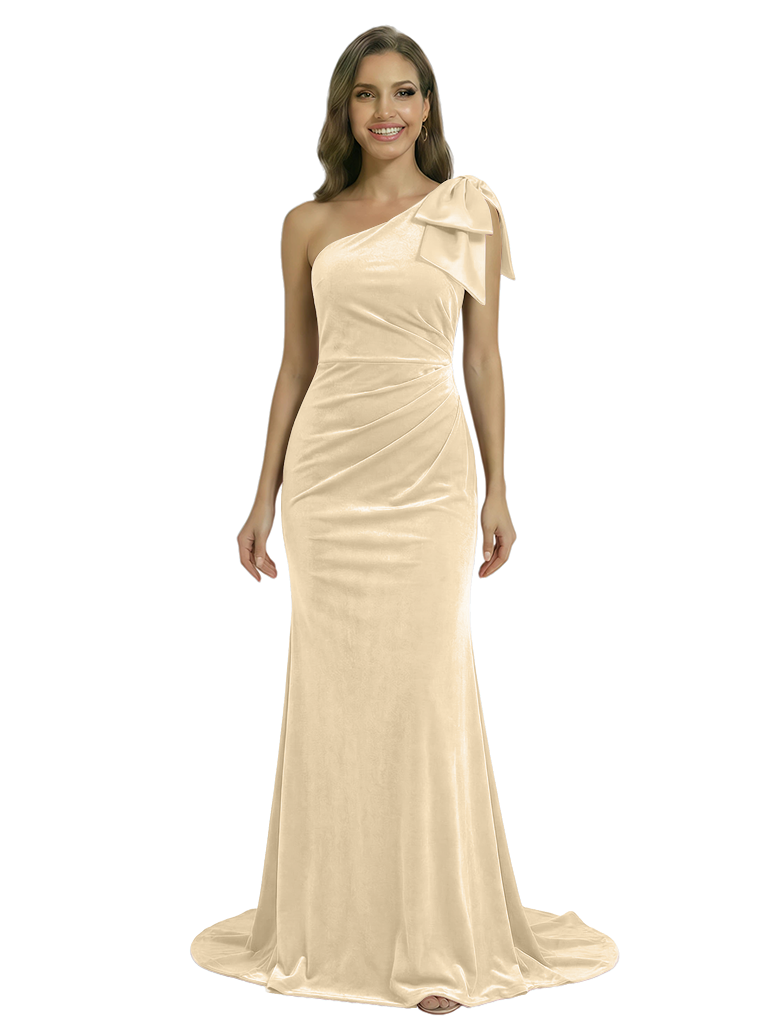 Glamorous One Shoulder Velvet Ruched Floor-Length Mother Of The Groom Dress With Bow Knot