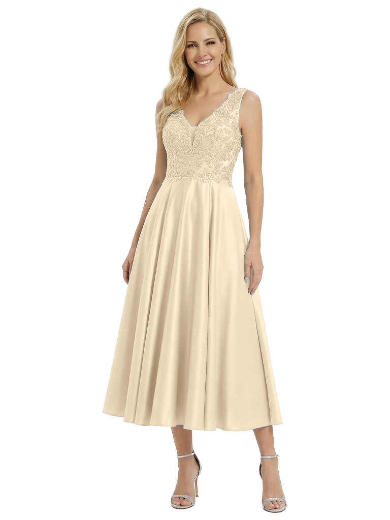 Fancy Sleeveless V-Neck A-line Lace Satin Tea-Length Mother of The Bride Dress