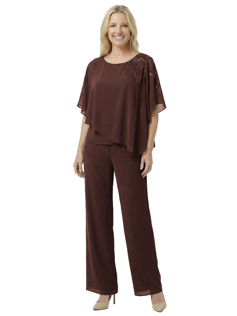 Chic Scoop Chiffon Half Sleeves Beaded Pant Suit For Mother Of The Groom