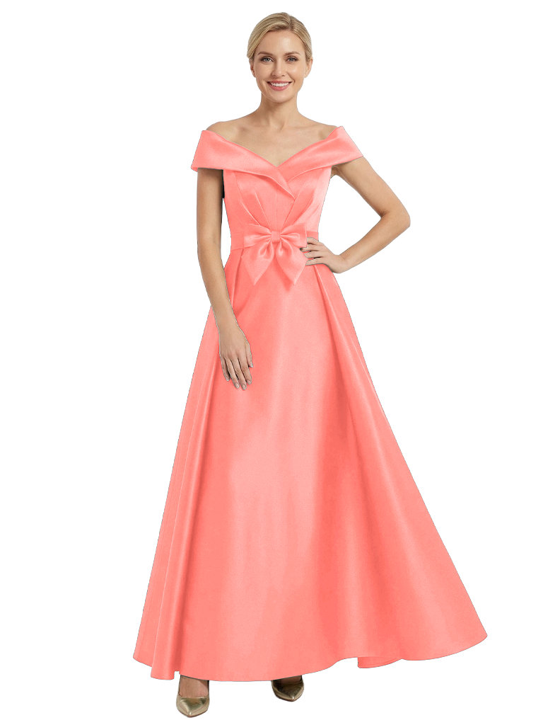 Chicsew Mother of The Bride Dress Gorgeous Off Shoulder Bow Detail Satin A-Line Maxi Gown