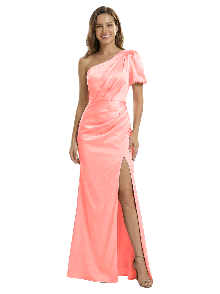 Unique One Shoulder Puff Sleeve Mother of The Groom Dress Satin Fitted Maxi Gown with Slit