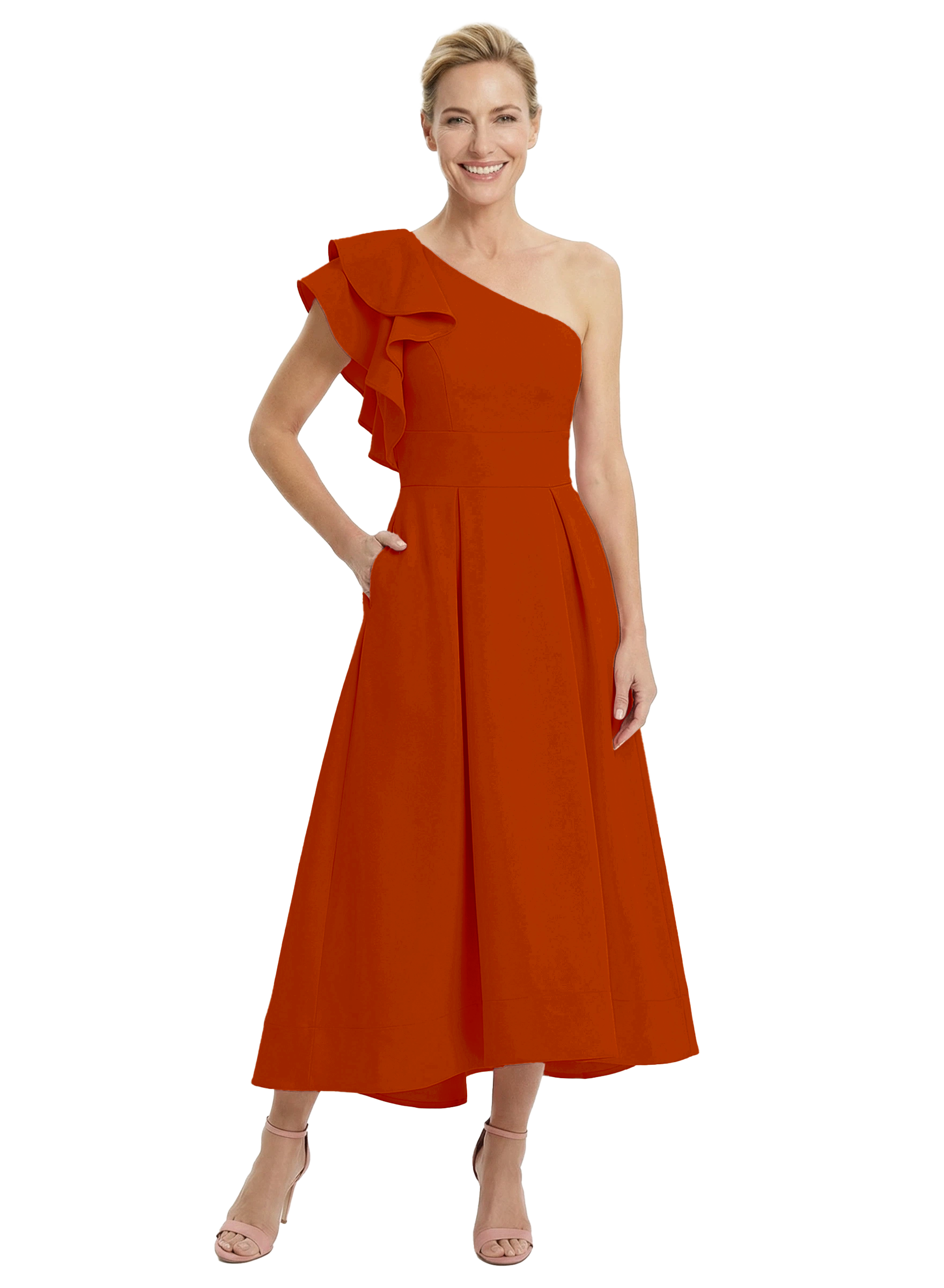 Chicsew Crepe Mother of The Groom Dress One Shoulder Ruffled A-Line Midi Gown Stylish Modern Fit
