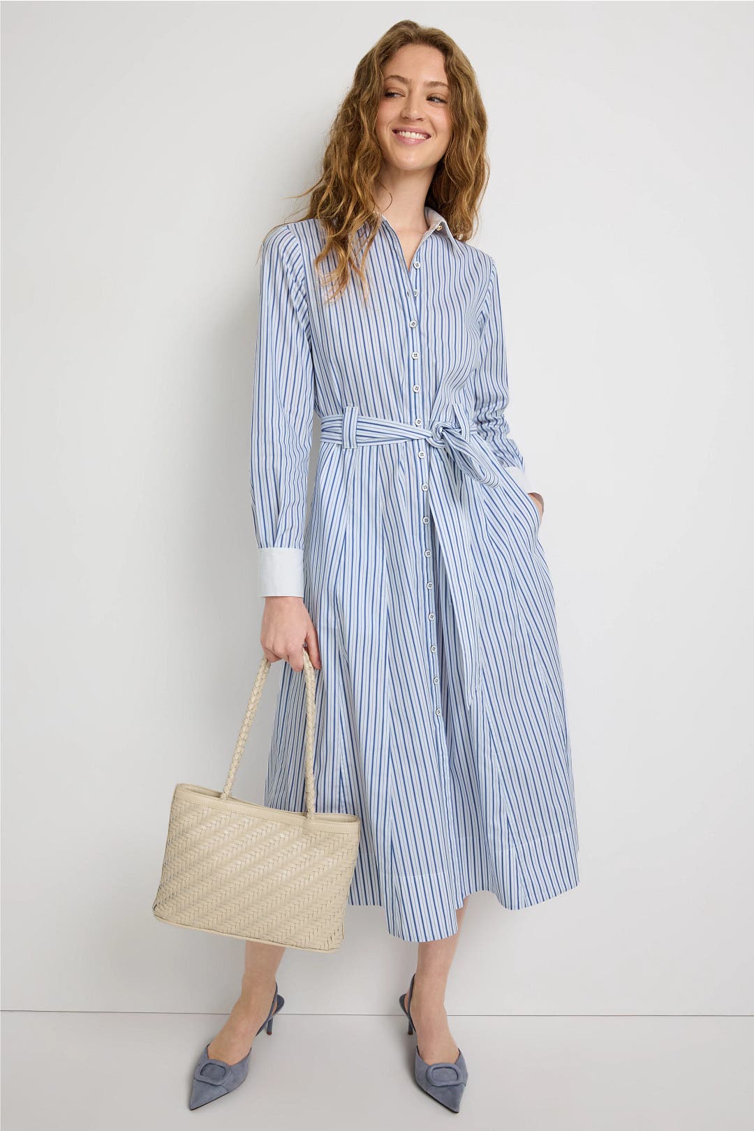 Derek Lam Crosby x RTR Contrast Cuff Midi Dress Blue-white-print